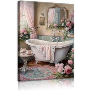 lkjhgf999 Pink Flowers Theme Bathroom Canvas Wall Art Vintage Bathtub Painting Pictures Wall Decor Floral Botanical Luxury Bathroom Prints Artwork for Toilet Restroom Home Decoration in Saudi Arabia