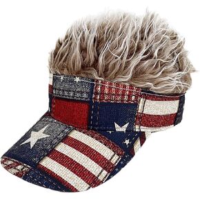 Novelty Men Hair Visor Sun Cap US Flag Peaked Baseball Hat with Spiked Hairs Funny Golf Wig Hat Adjustable Halloween Cap in Saudi Arabia