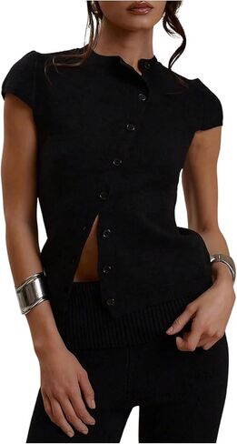 سترة نسائية من GORGLITTER بأكمام قصيرة وأزرار سفلية، سترة محبوكة خفيفة الوزن، سترة علوية كاجوال للأعمال القديمة in Saudi Arabia