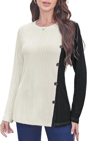 BAISHENGGT Tunic Tops for Women Dressy Casual Color Contrast Long Sleeve Blouse Crew Neck Streetwear T Shirts in Kuwait