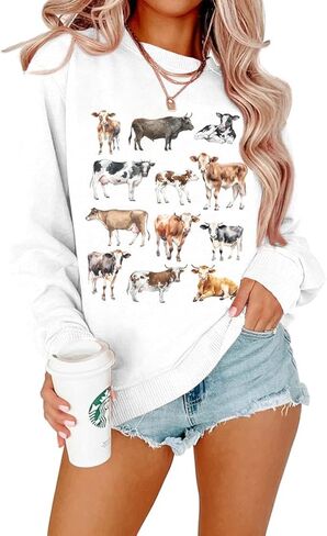 LIWYLU Cow Sweatshirt Funny Animal Cattle Farm Life Graphic Long Sleeve Shirt Top Country Western Pullover Casual Blouse in Saudi Arabia