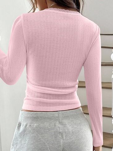 النساء Y2k الدانتيل تقليم سكوب الرقبة زر Pointelle المحاصيل المحملة القمم سليم تيشيرت ضيق بأكمام طويلة الجمالية الخريف هينلي تي شيرت in Kuwait