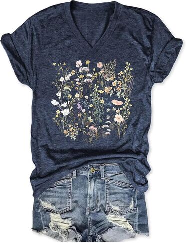 Womens Graphic T Shirts Boho Wildflower Shirts Vintage Floral Printed Tees Short Sleeve Gardening V Neck Tees in Saudi Arabia
