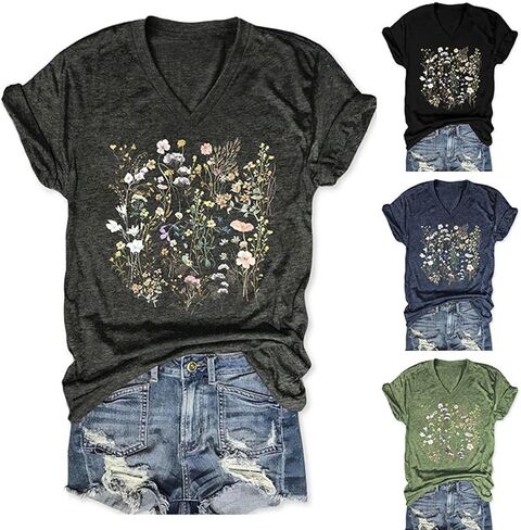 Womens Graphic T Shirts Boho Wildflower Shirts Vintage Floral Printed Tees Short Sleeve Gardening V Neck Tees in Saudi Arabia