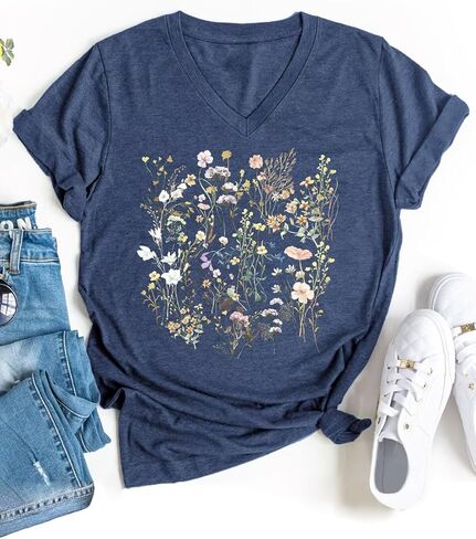 Womens Graphic T Shirts Boho Wildflower Shirts Vintage Floral Printed Tees Short Sleeve Gardening V Neck Tees in Saudi Arabia