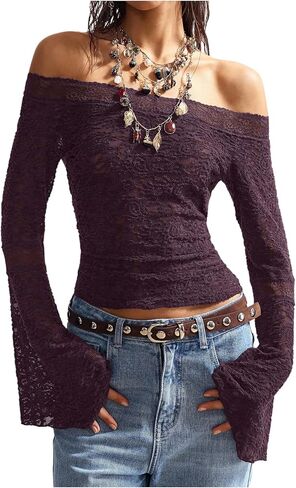 RoseSeek Women's Boho Gothic Lace Off The Shoulder Tops Bell Sleeve Sheer T Shirts Fitted Crop Tops in Saudi Arabia