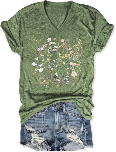 Womens Graphic T Shirts Boho Wildflower Shirts Vintage Floral Printed Tees Short Sleeve Gardening V Neck Tees in Saudi Arabia