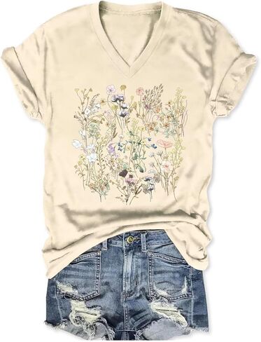 Womens Graphic T Shirts Boho Wildflower Shirts Vintage Floral Printed Tees Short Sleeve Gardening V Neck Tees in Saudi Arabia