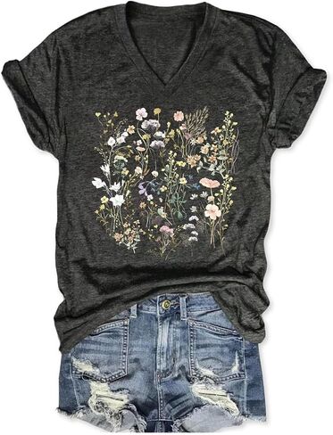 Womens Graphic T Shirts Boho Wildflower Shirts Vintage Floral Printed Tees Short Sleeve Gardening V Neck Tees in Saudi Arabia