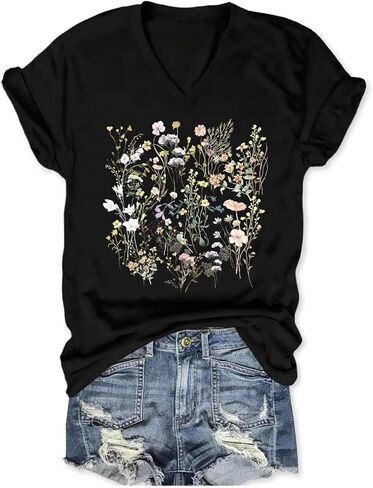 Womens Graphic T Shirts Boho Wildflower Shirts Vintage Floral Printed Tees Short Sleeve Gardening V Neck Tees in Saudi Arabia