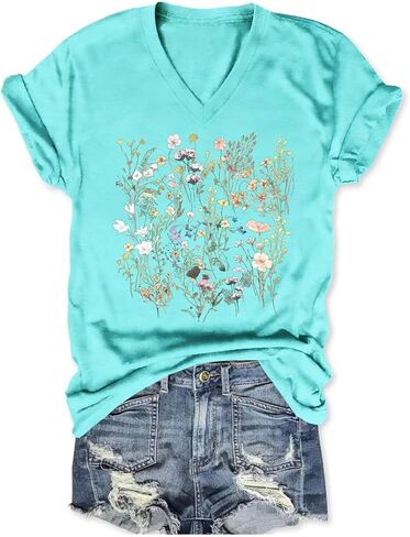 Womens Graphic T Shirts Boho Wildflower Shirts Vintage Floral Printed Tees Short Sleeve Gardening V Neck Tees in Saudi Arabia