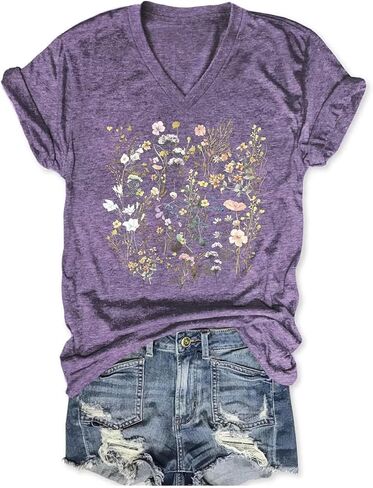 Womens Graphic T Shirts Boho Wildflower Shirts Vintage Floral Printed Tees Short Sleeve Gardening V Neck Tees in Saudi Arabia