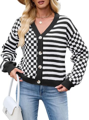ZAFUL Cardigan Sweaters for Women Trendy Fall 2025 Striped Checkered Button Down Oversized Knit Sweater Outerwear in Saudi Arabia