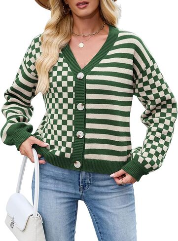 ZAFUL Cardigan Sweaters for Women Trendy Fall 2025 Striped Checkered Button Down Oversized Knit Sweater Outerwear in Saudi Arabia