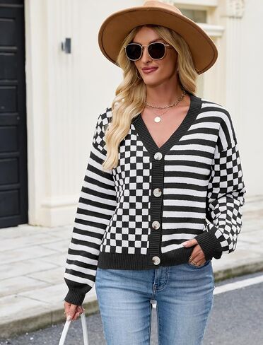 ZAFUL Cardigan Sweaters for Women Trendy Fall 2025 Striped Checkered Button Down Oversized Knit Sweater Outerwear in Saudi Arabia