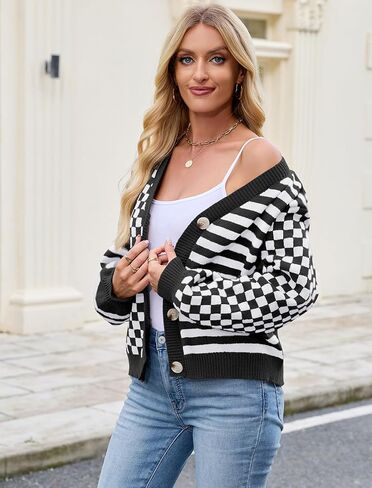 ZAFUL Cardigan Sweaters for Women Trendy Fall 2025 Striped Checkered Button Down Oversized Knit Sweater Outerwear in Saudi Arabia