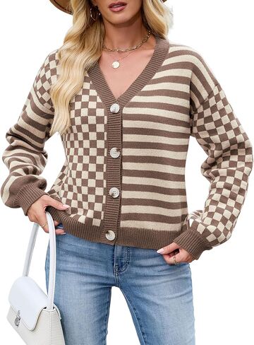 ZAFUL Cardigan Sweaters for Women Trendy Fall 2025 Striped Checkered Button Down Oversized Knit Sweater Outerwear in Saudi Arabia