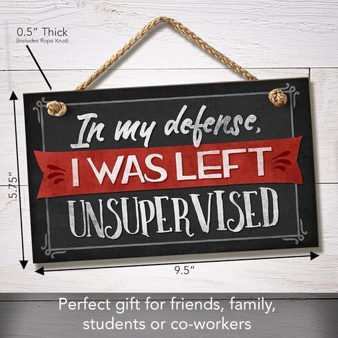CounterArt In My Defense I Was Left Unsupervised Humorous Hanging Wood Wall Sign 9.5" x 5.75" Made in the USA Features Braided Rope Hanger in Saudi Arabia