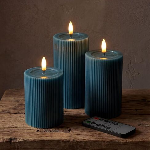 West Ivory Fluted Ribbed LED Pillar Candles, Brown, with Reflective Melted-Wax Effect – Flickering Flame, Remote, Dimmable, Flameless, Battery Operated, Home & Wedding Decor (Set of 3) in Saudi Arabia