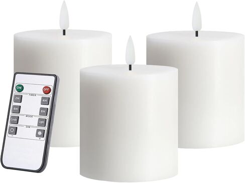 volnyus Flameless Candles Set of 2 (3x3 inch) Flickering LED Real Wax Candles Battery Operated with Remote Control Timers for Fireplace Bedroom Livingroom Party Dimmable White Pillars Flat top in Saudi Arabia