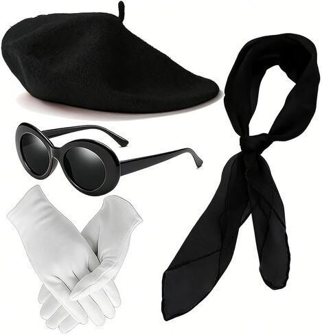 4 Pcs French Beret Hat Scarf Gloves Sunglasses for Women, 50s French Mime Costume Kit for Women Dress Up on Halloween Parties in Saudi Arabia
