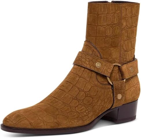 Santimon Men’s Top-Grain Leather Harness Chelsea Boots – Western Cowboy Ankle Boots with Side Zipper, Suede & Smooth Leather Options for Casual, Motorcycle, Party & Everyday Wear in Saudi Arabia
