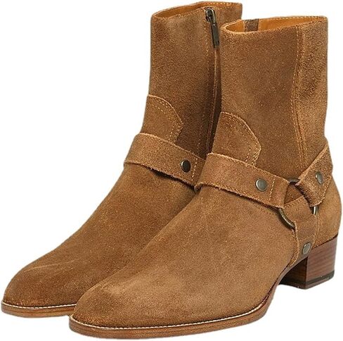 Santimon Men’s Top-Grain Leather Harness Chelsea Boots – Western Cowboy Ankle Boots with Side Zipper, Suede & Smooth Leather Options for Casual, Motorcycle, Party & Everyday Wear in Saudi Arabia