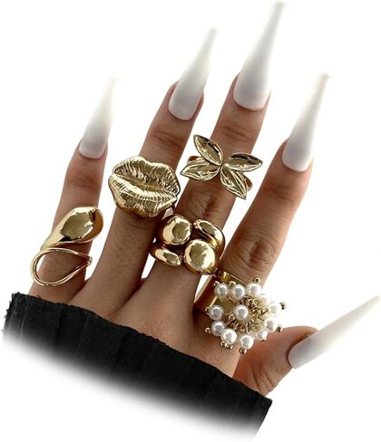 Navirix 5Pcs Chunky Gold Stacking Finger Ring Set Faux Pearl Beaded Adjustable Open Knuckle Rings for Women Kiss Butterfly Ring Party Dancing Accessories in Saudi Arabia
