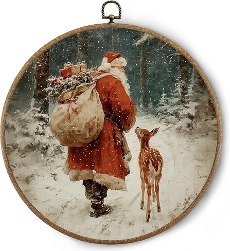 BitKAM Vintage Christmas Santa Deer Round Wall Art Decor, Christmas Canvas Prints Framed, Rustic Holiday Xmas Winter Wall Hanging Decorations for Home Bedroom Living Room, 10x10 Inch Wall Sculptures in Saudi Arabia