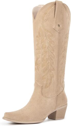 wetkiss Cowboy Boots for Women Knee High Cowgirl Boots Retro Embroidered Chunky Heels Pointed Toe Western Long Tall Boot Pull On in Kuwait