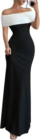 GORGLITTER Women's Off Shoulder Bodycon Maxi Dress Backless Color Block Party Graduation Going Out Long Dresses in Saudi Arabia