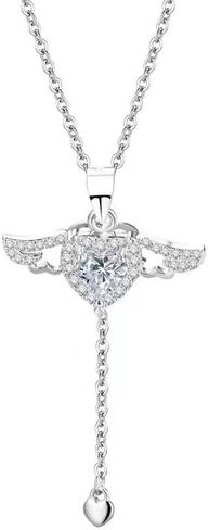 XRDS Silver Angel Wing Necklace with Movable Wings, Pink Zirconia Pendant, Adjustable Pull Chain Jewelry Gift for Women and Girls, Ideal Gift for Valentine's Day or Anniversary in Saudi Arabia