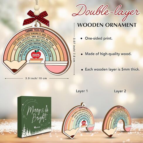 Teacher Christmas Ornament 2025 - Two-Layer Wooden Thank You Ornament for Christmas Tree - Appreciation Gifts for Teachers, Daycare, Preschool, First Day or Retirement - Teacher Gifts for Women, Men in Saudi Arabia