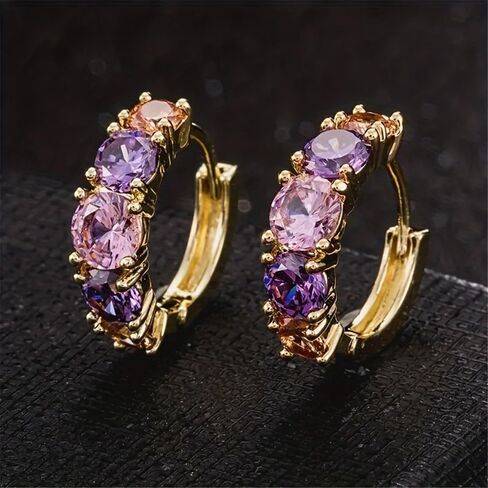 Gold Plated Purple Cubic Zirconia Hoop Earrings for Women Wedding Bridal Daily Evening Parties Wear Lightweight Jewelry Earring Gift for Her in Saudi Arabia