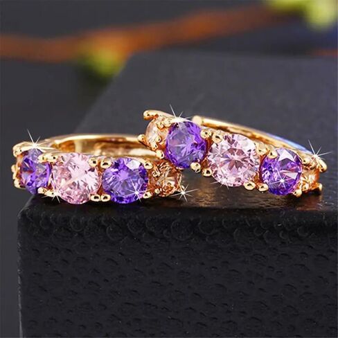 Gold Plated Purple Cubic Zirconia Hoop Earrings for Women Wedding Bridal Daily Evening Parties Wear Lightweight Jewelry Earring Gift for Her in Saudi Arabia