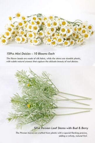 MOBENOOK Daisies Flowers Artificial,Persian Leaf,Wild Flower Bouquet,20pcs,Tansy Greenery,Realistic, Silk Flowers for Home Decor Indoor, Wedding Bouquets(White) in Saudi Arabia