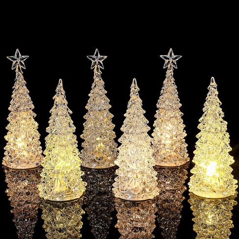 Glooglitter 6 Pcs Acrylic Christmas Tree LED Crystal Mini Light up Tree Lighted Christmas Decorations Table Centerpiece Tabletop Figurine Festival Desktop Decor for Bedroom Table (5'',6'') in Saudi Arabia