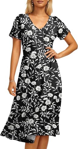 ANRABESS Womens Summer Midi Dresses Casual V Neck Short Sleeve A Line Floral Flowy Tiered Beach Vacation Dress with Pockets in Saudi Arabia