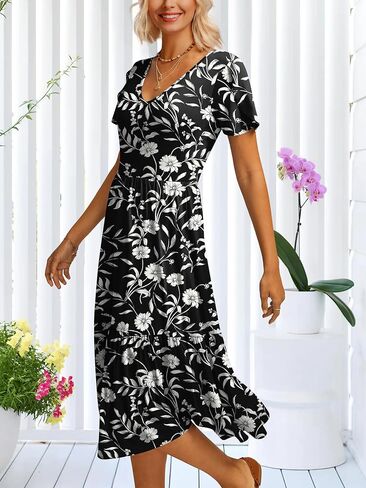 ANRABESS Womens Summer Midi Dresses Casual V Neck Short Sleeve A Line Floral Flowy Tiered Beach Vacation Dress with Pockets in Saudi Arabia