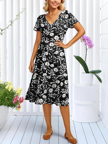 ANRABESS Womens Summer Midi Dresses Casual V Neck Short Sleeve A Line Floral Flowy Tiered Beach Vacation Dress with Pockets in Saudi Arabia