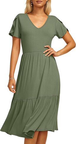 ANRABESS Womens Summer Midi Dresses Casual V Neck Short Sleeve A Line Floral Flowy Tiered Beach Vacation Dress with Pockets in Saudi Arabia