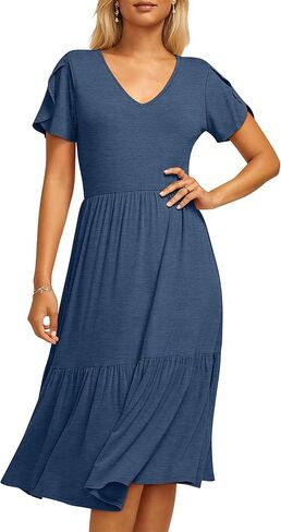 ANRABESS Womens Summer Midi Dresses Casual V Neck Short Sleeve A Line Floral Flowy Tiered Beach Vacation Dress with Pockets in Saudi Arabia