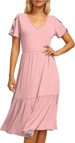 ANRABESS Womens Summer Midi Dresses Casual V Neck Short Sleeve A Line Floral Flowy Tiered Beach Vacation Dress with Pockets in Saudi Arabia