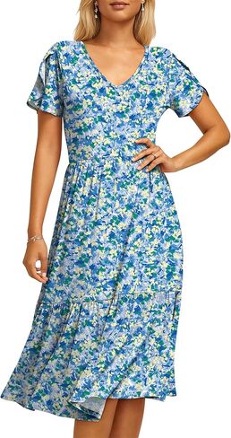 ANRABESS Womens Summer Midi Dresses Casual V Neck Short Sleeve A Line Floral Flowy Tiered Beach Vacation Dress with Pockets in Saudi Arabia