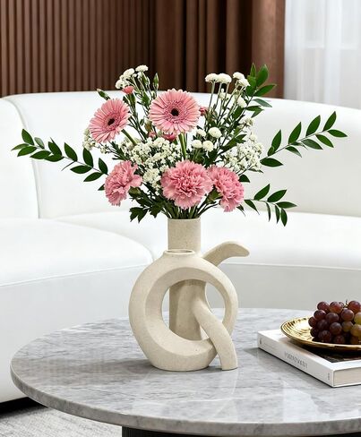Ceramic Vase Set of 2, OK Shape, Modern Nordic Boho Home Decor - Matte Minimalist Decorative Vases for Living Room, Shelf, Wedding Centerpiece, Table Decor (Cream White) in Saudi Arabia