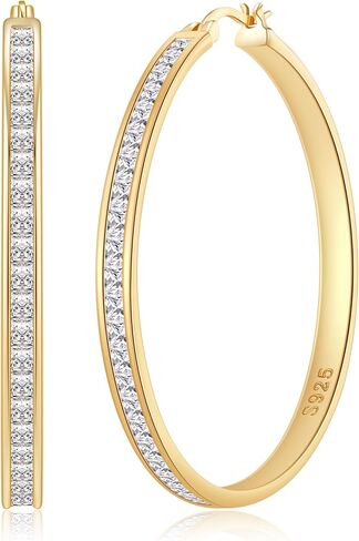 VEEDOFA Large Rhinestone Hoops Earrings for Women, Hypoallergenic Big CZ Hoops with Sterling Silver Post, 14K Gold/925 Sterling Silver Plated Rhinestone Earrings for Women Non Tarnish 30/40/50/60mm in Saudi Arabia
