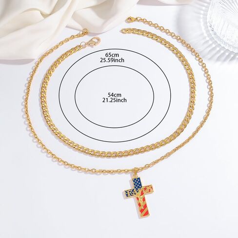 LGBOTMC Gold Layered Cross Necklace Set, American Flag Design with Eagle, Dual Chain, 21.25-25.59 inch,gift christian, Packaged in a gift box in Saudi Arabia