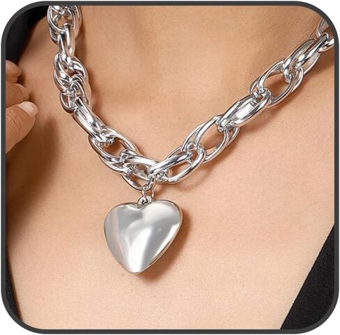 Quizzhe Chunky Gold Heart Toggle Necklace for Women Heart Pendant Choker Charm Statement Adjustable Dainty Chain Necklaces Cuban Link Chain Choker Necklace Paperclip Chain Toggle Bar Clasp Necklace Summer Concert Outfits Jewelry Gifts in Saudi Arabia