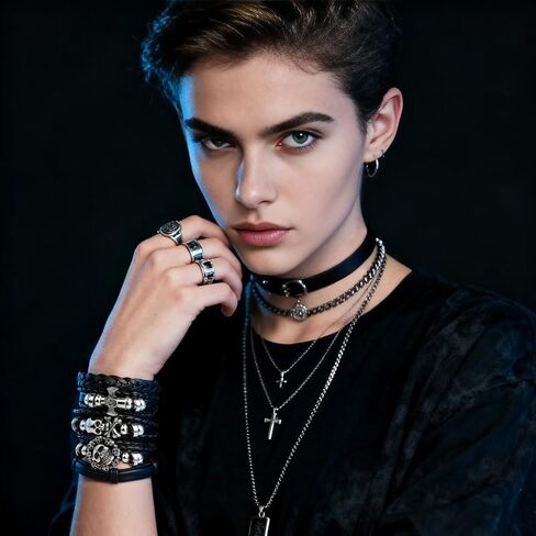 ANGLEQUEEN Goth سوار Emo Accessories Y2k Grunge Jewelry Punk Black الأساور المرصعة القوطية الهالوين القراصنة سوار للرجال هدايا عيد الميلاد للنساء in Kuwait