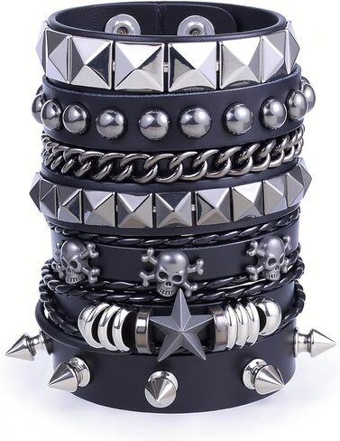 ANGLEQUEEN Goth سوار Emo Accessories Y2k Grunge Jewelry Punk Black الأساور المرصعة القوطية الهالوين القراصنة سوار للرجال هدايا عيد الميلاد للنساء in Kuwait